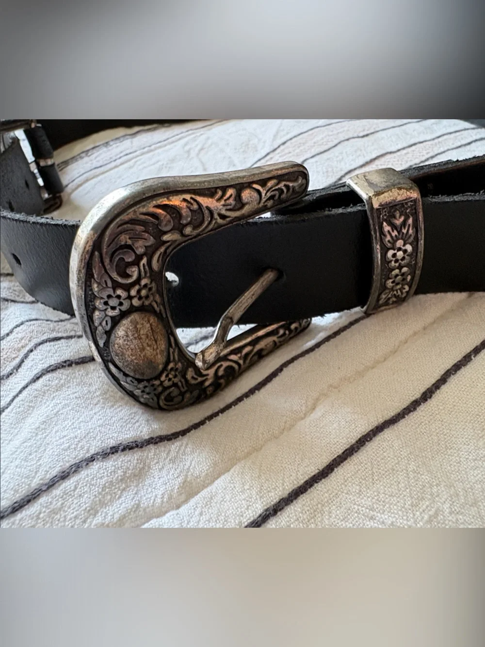 Black Leather Double Buckle Western Belt with Silver Detail